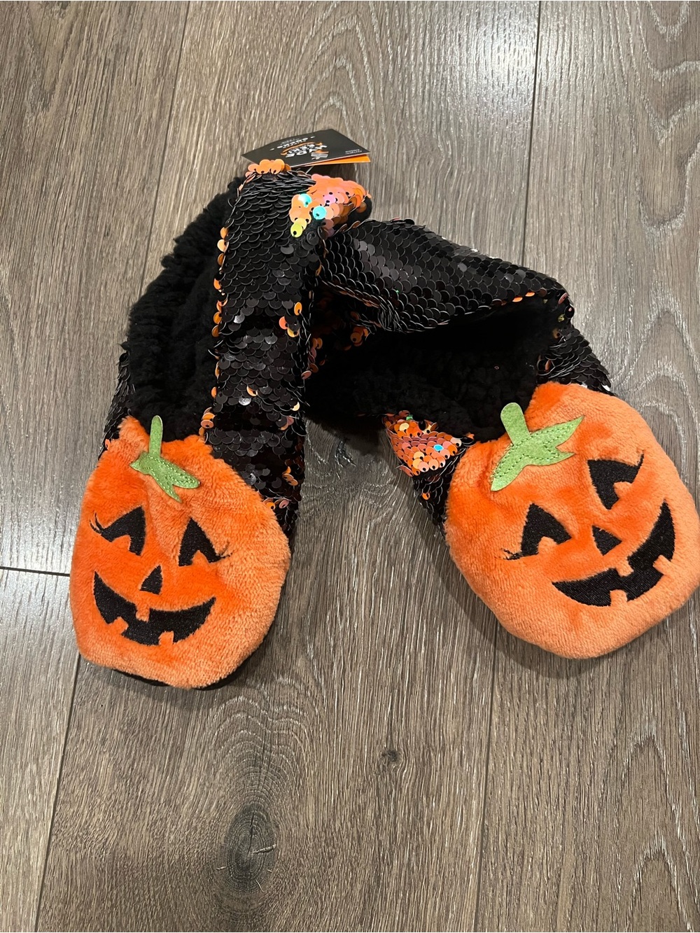 Halloween Pumpkin Plush slippers with Sequins - Orange & Black
